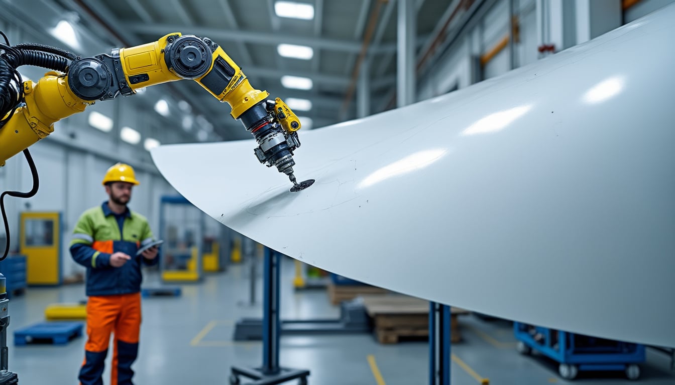 découvrez comment l’inspection robotisée par contact détecte les défauts des pales en fibre et facilite la réparation des pales d’éoliennes.